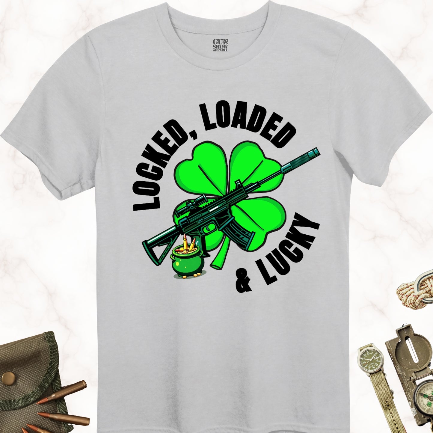 Locked, Loaded and Lucky Gun T-Shirt for St. Patrick's Day  in color Ice Grey