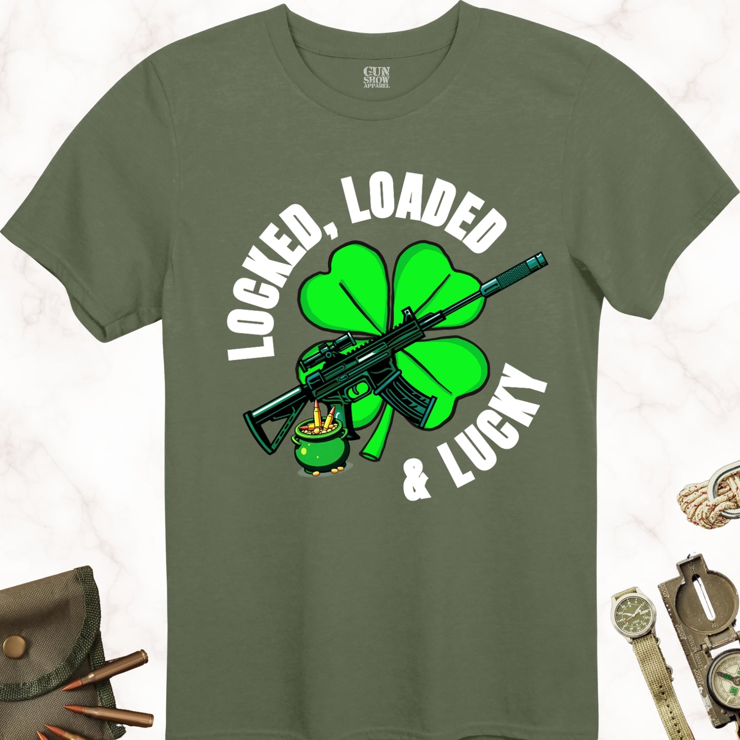 Locked, Loaded and Lucky Gun T-Shirt for St. Patrick's Day  in color Military Green