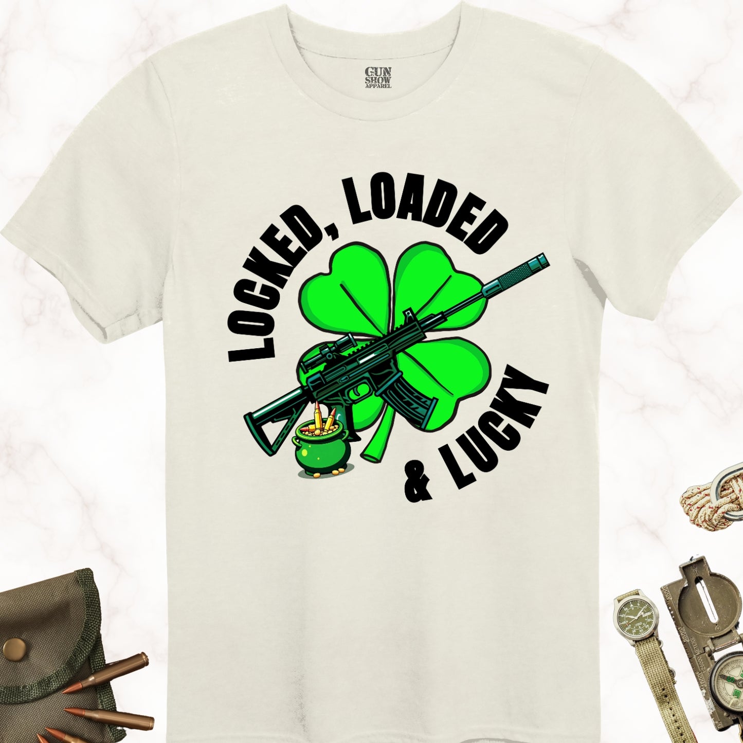 Locked, Loaded and Lucky Gun T-Shirt for St. Patrick's Day  in color Natural