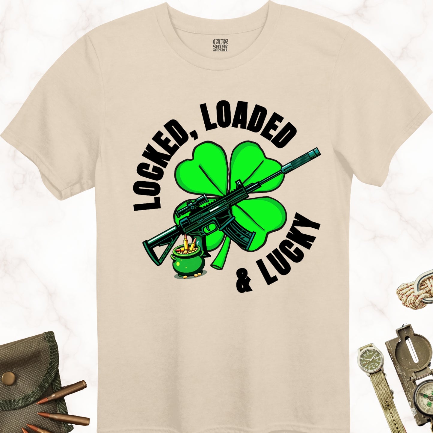 Locked, Loaded and Lucky Gun T-Shirt for St. Patrick's Day  in color Sand