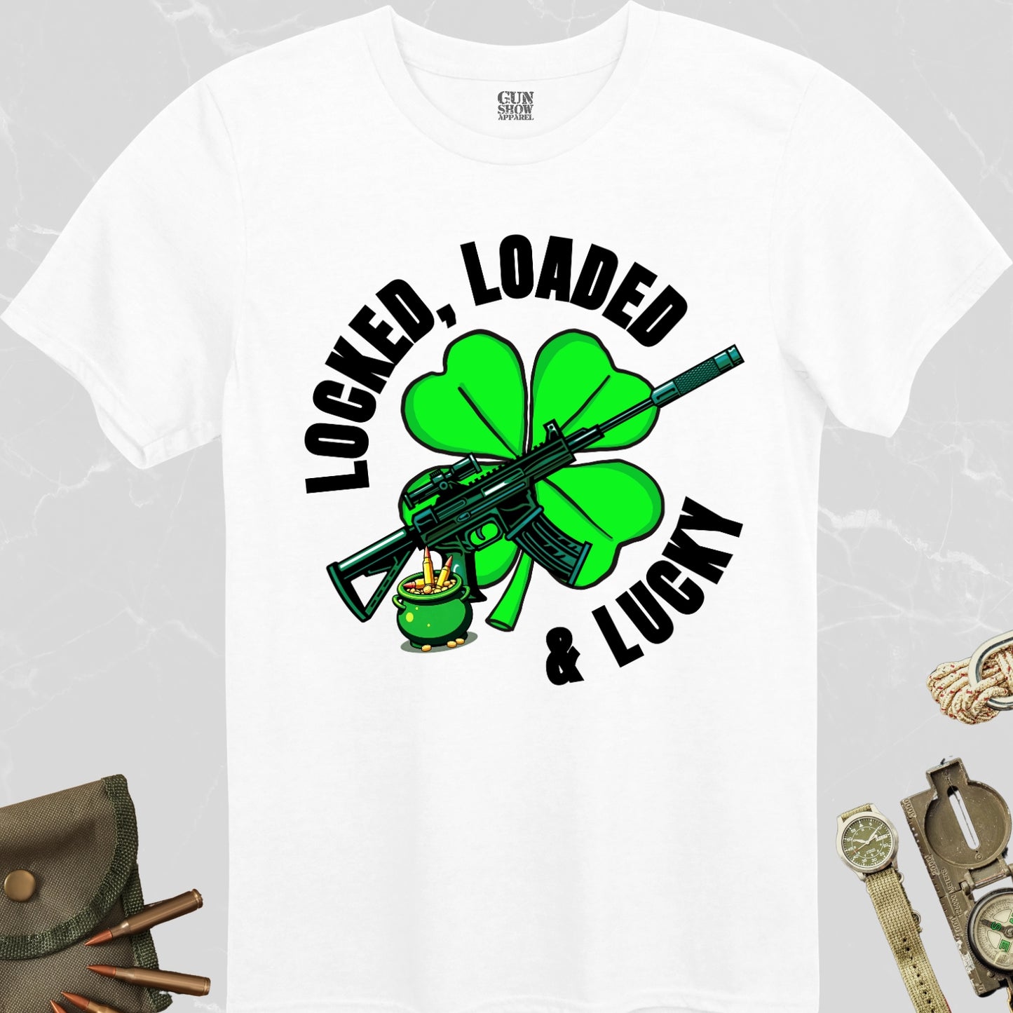 Locked, Loaded and Lucky Gun T-Shirt for St. Patrick's Day  in color White