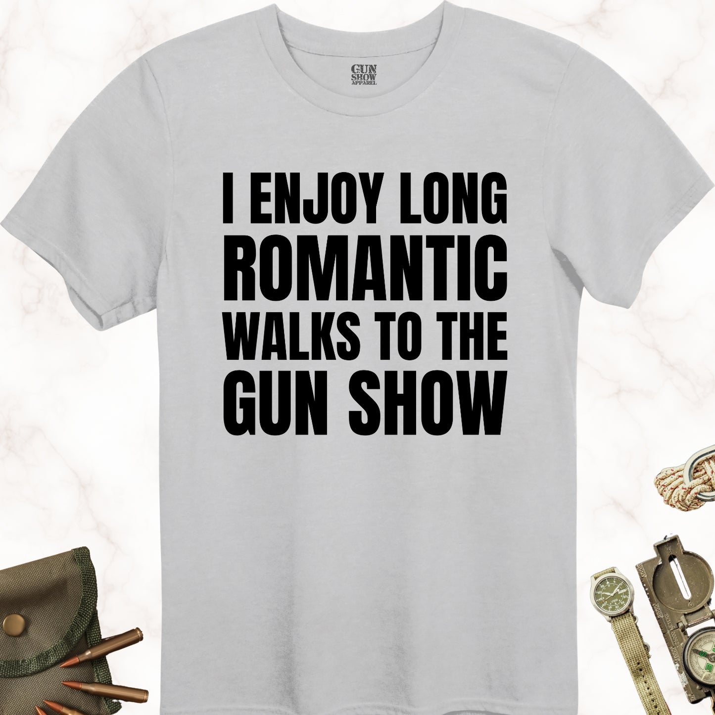 I Enjoy Long Romantic Walks to the Gun Show T-Shirt in color Icy Grey with black design from Gun Show Apparel