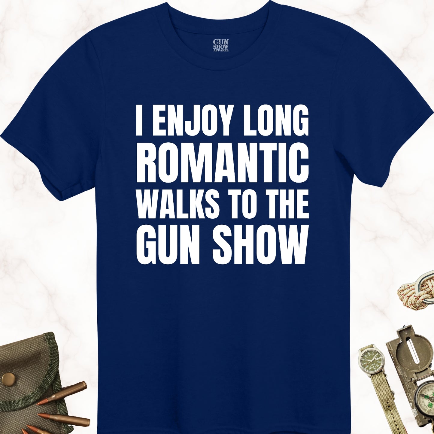 I Enjoy Long Romantic Walks to the Gun Show T-Shirt in color Navy with white design from Gun Show Apparel