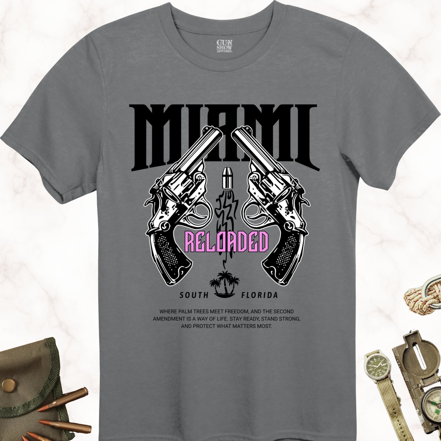 Miami Reloaded Gun T-Shirt in color Charcoal