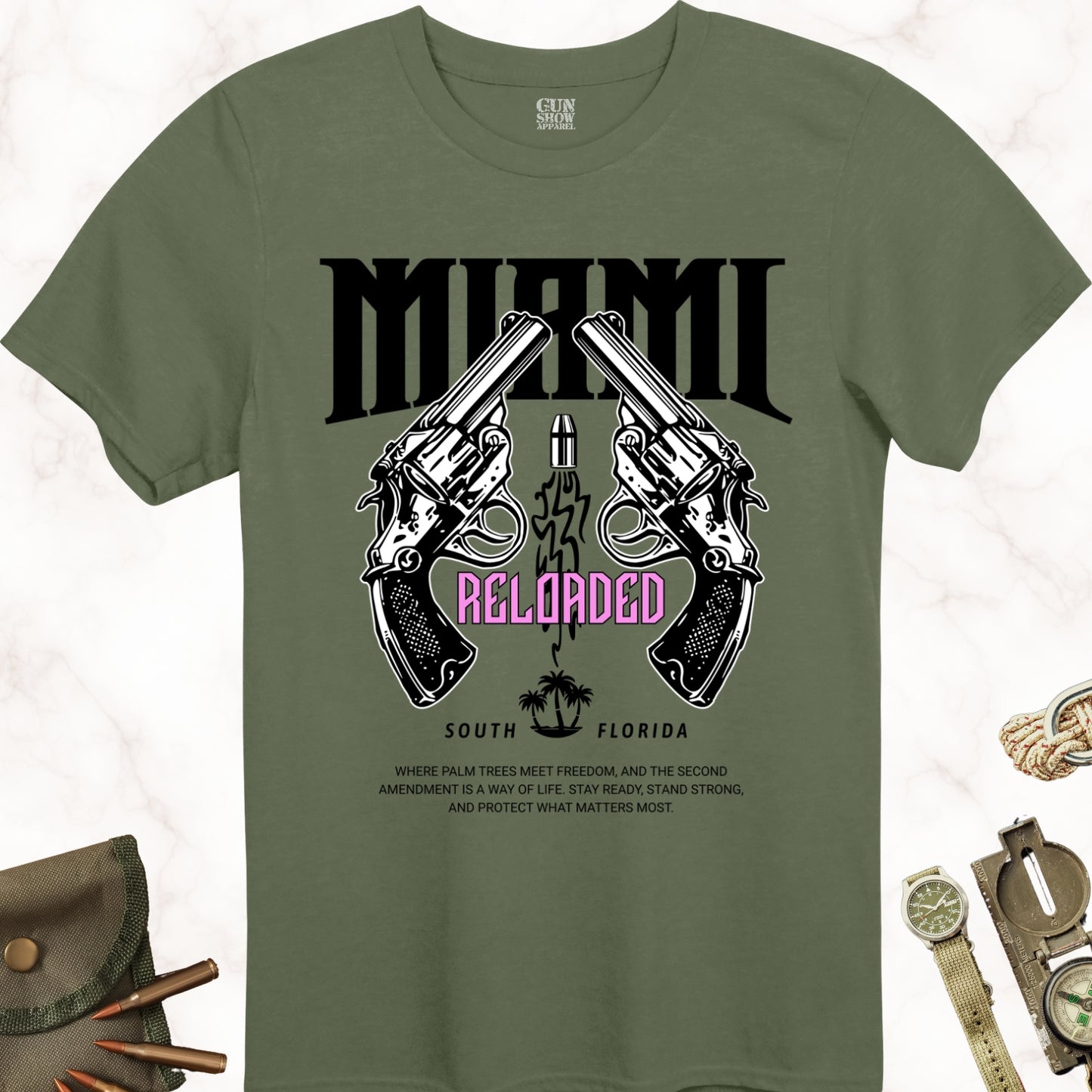 Miami Reloaded Gun T-Shirt in color Military Green