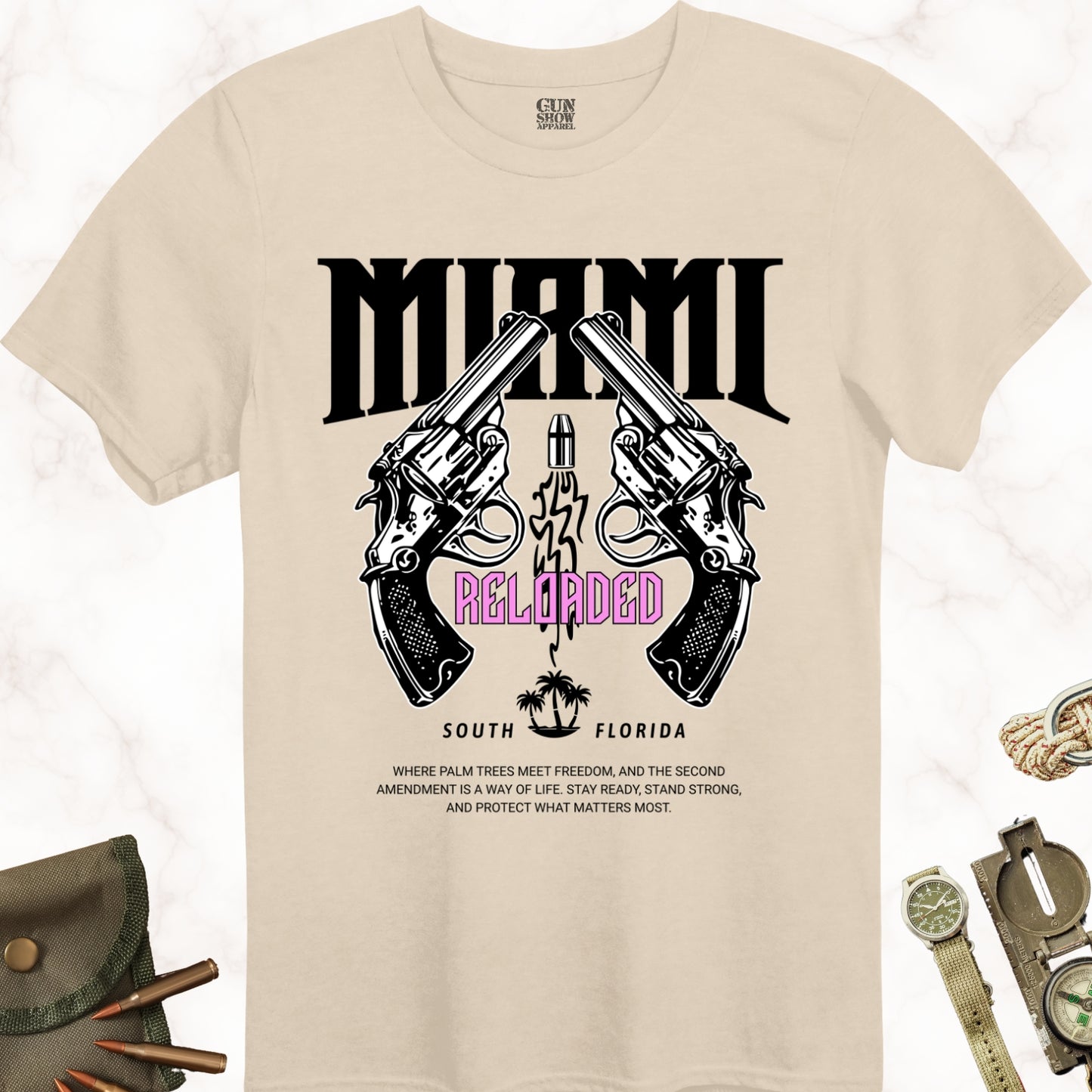 Miami Reloaded Gun T-Shirt in color Sand