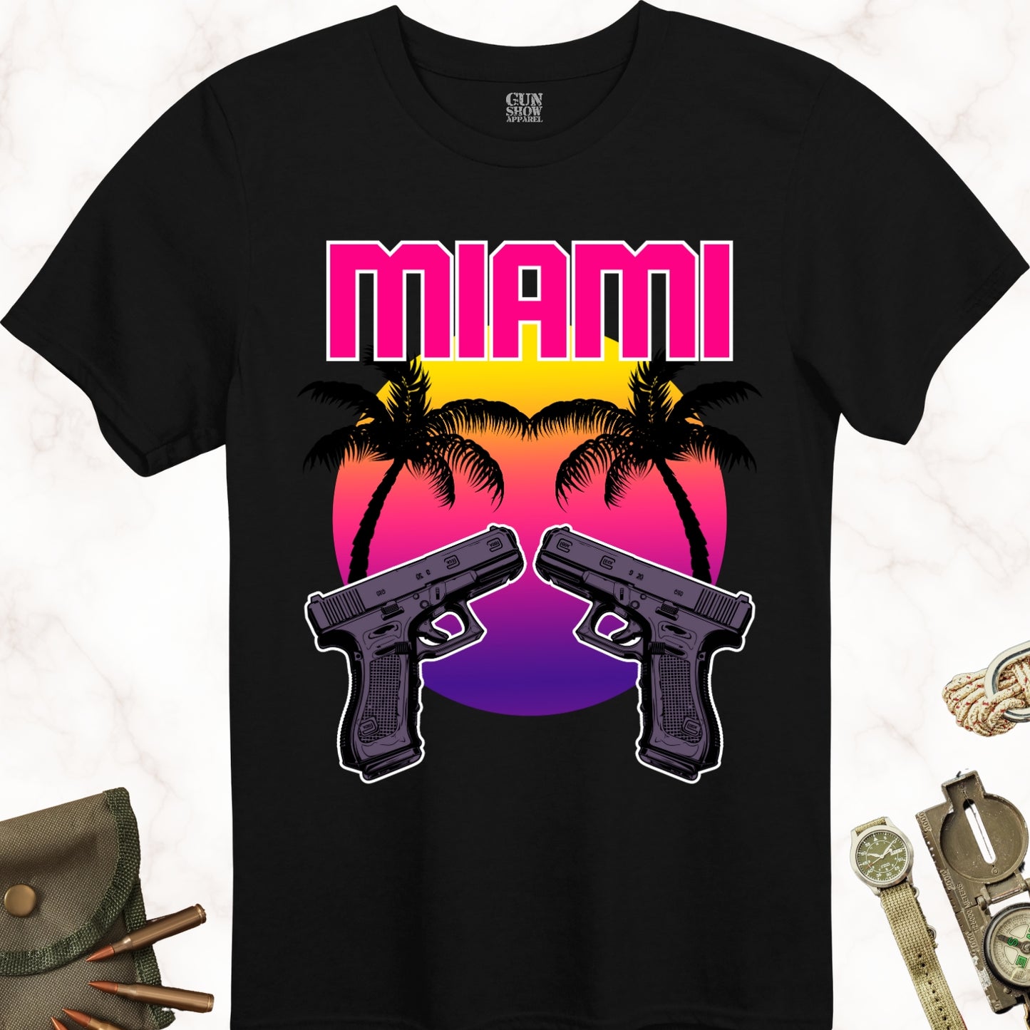 Miami Sunset Gun T-Shirt with Palm Trees and Dual Pistols in color Black