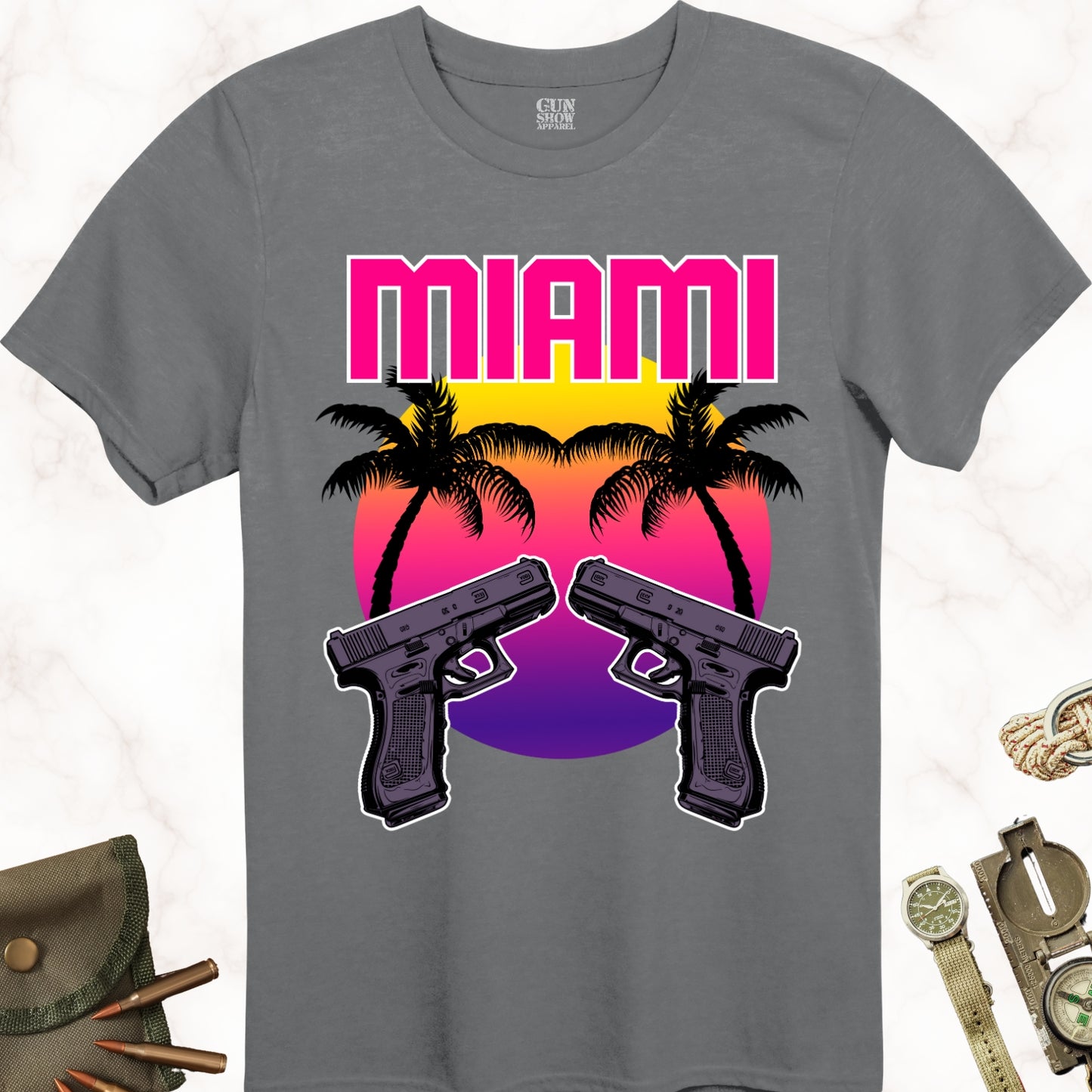 Miami Sunset Gun T-Shirt with Palm Trees and Dual Pistols in color Charcoal