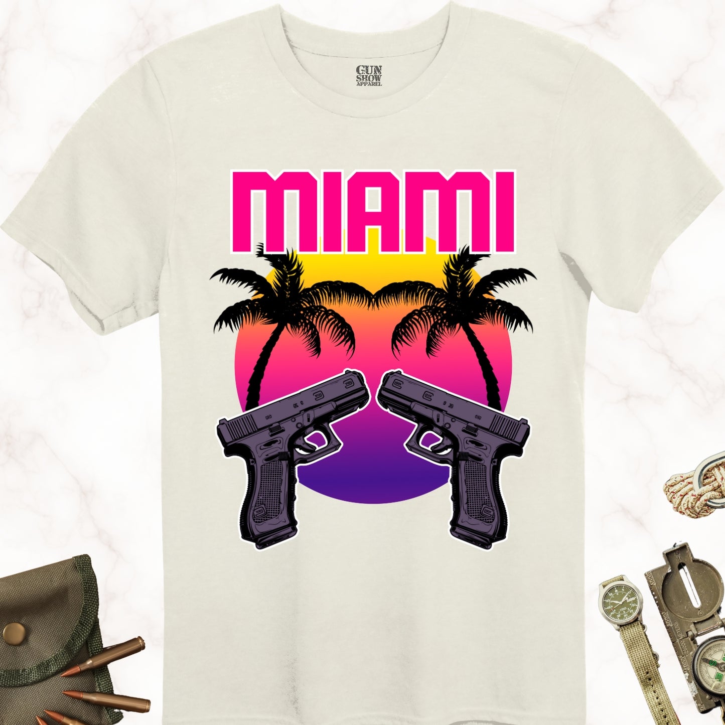 Miami Sunset Gun T-Shirt with Palm Trees and Dual Pistols in color Natural