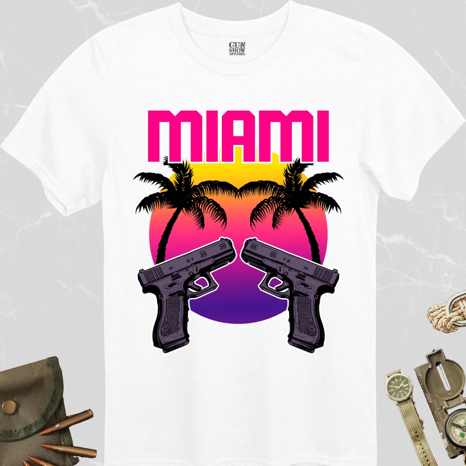 Miami Sunset Gun T-Shirt with Palm Trees and Dual Pistols in color White