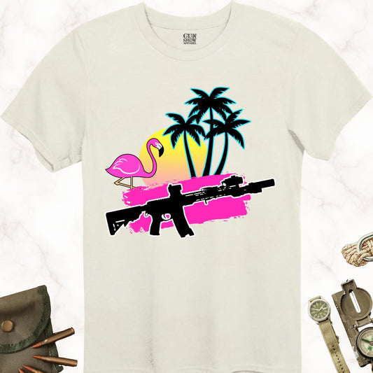 Miami Tropical Gun Shirt with Flamingo, Palm Trees and a Rifle in color Natural