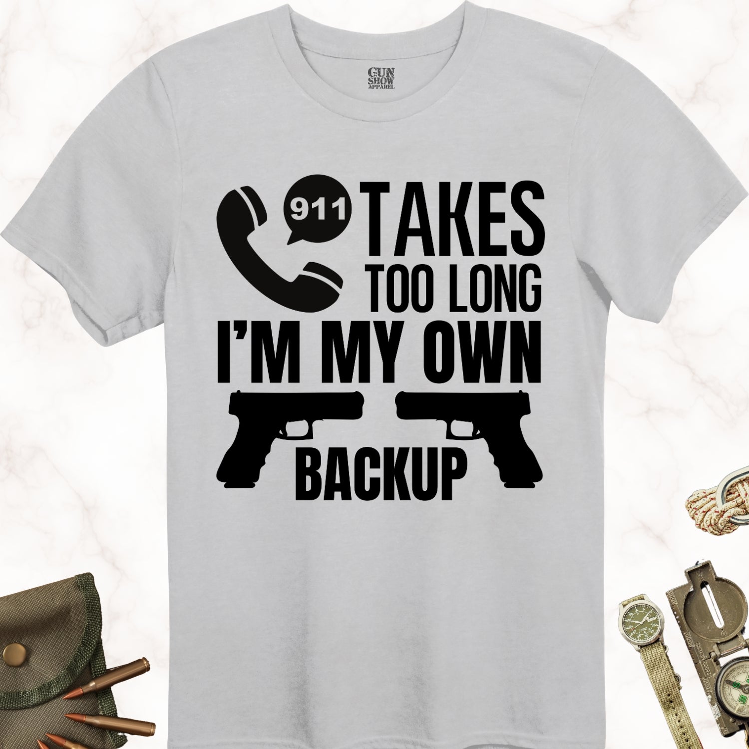 I'm My Own Backup Plan Gun T-Shirt in color Ice Grey