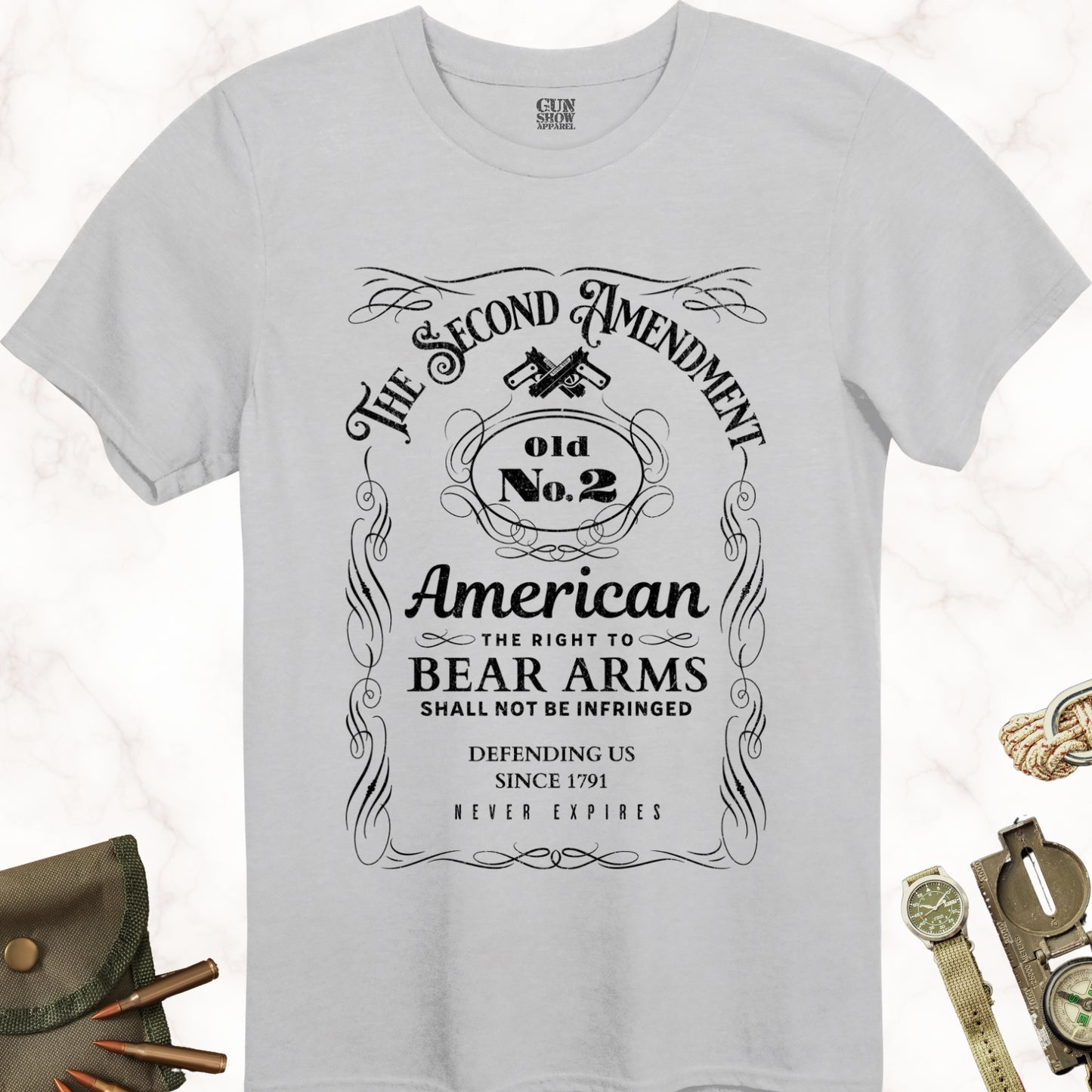 Old No. 2 Second Amendment Classic 2A Whiskey Label Gun T-Shirt in color Ice Grey