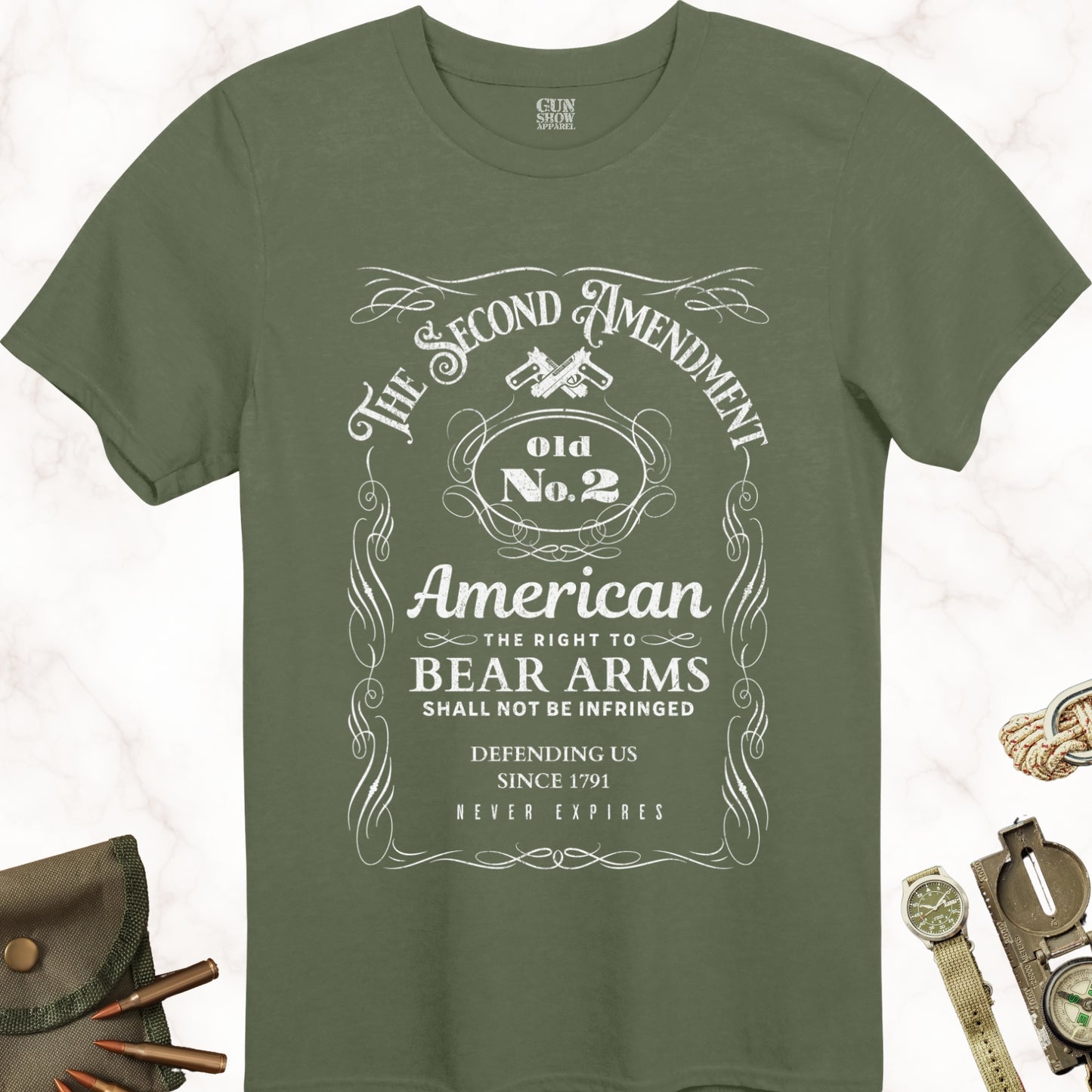 Old No. 2 Second Amendment Classic 2A Whiskey Label Gun T-Shirt in color Military Green