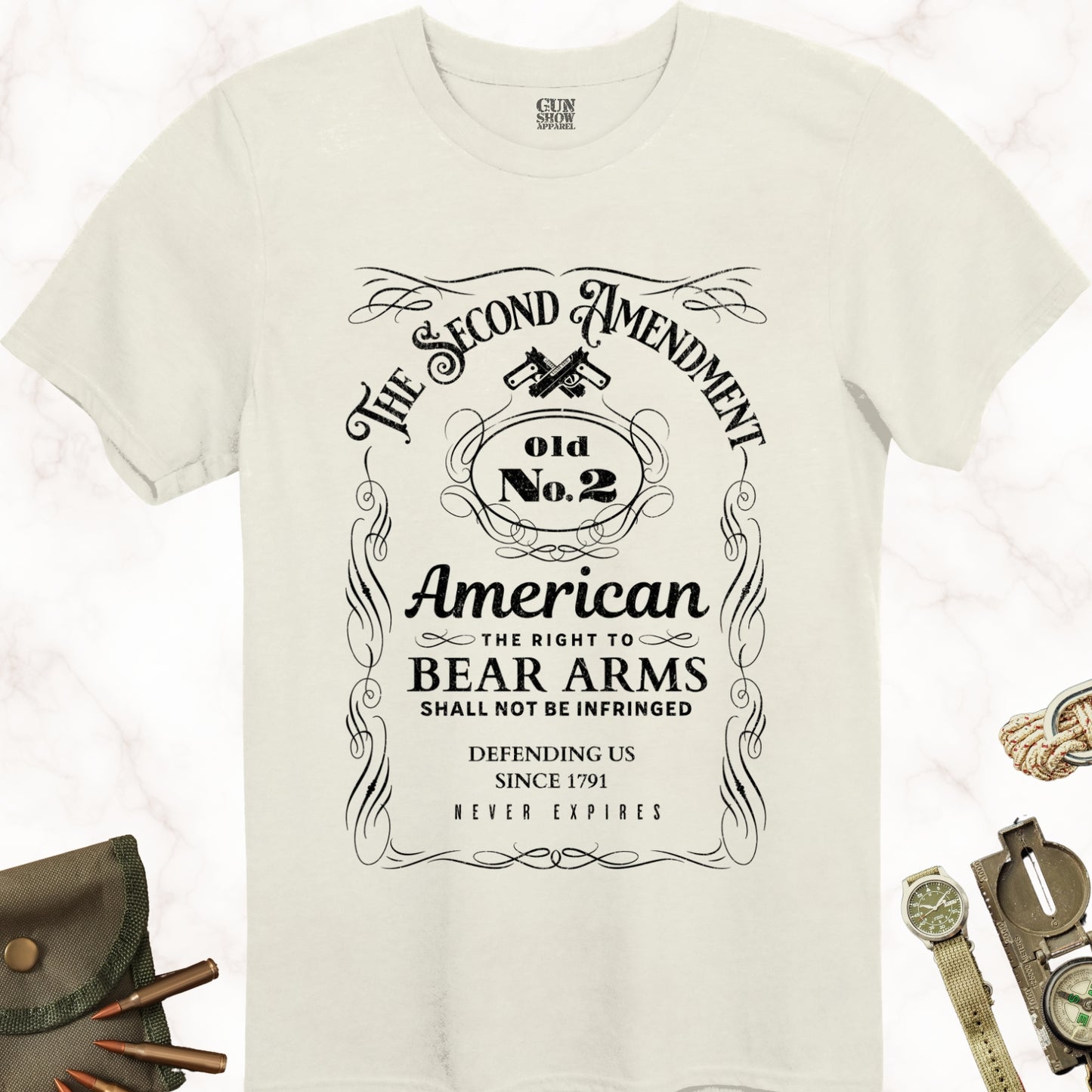 Old No. 2 Second Amendment Classic 2A Whiskey Label Gun T-Shirt in color Natural