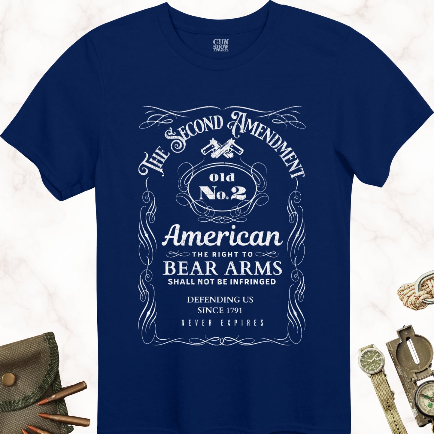 Old No. 2 Second Amendment Classic 2A Whiskey Label Gun T-Shirt in color Navy