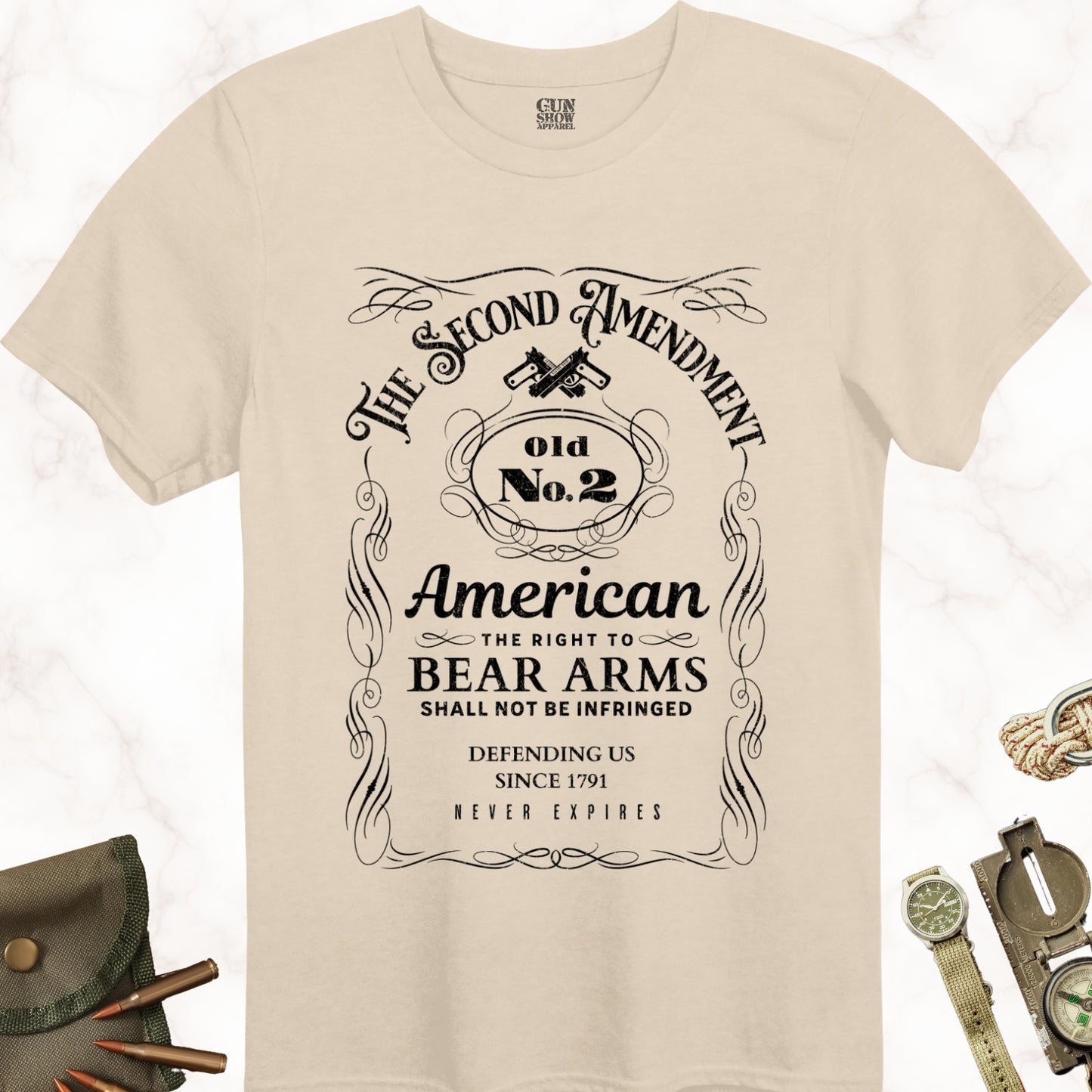 Old No. 2 Second Amendment Classic 2A Whiskey Label Gun T-Shirt in color Sand