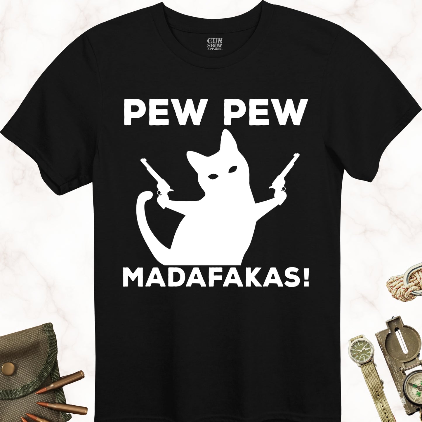 Pew Pew Madafakas Cat T-Shirt in color Black