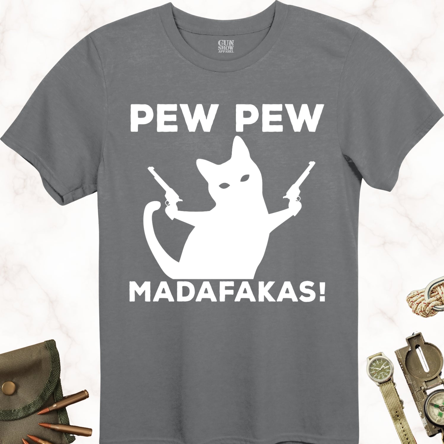 Pew Pew Madafakas Cat T-Shirt in color Charcoal