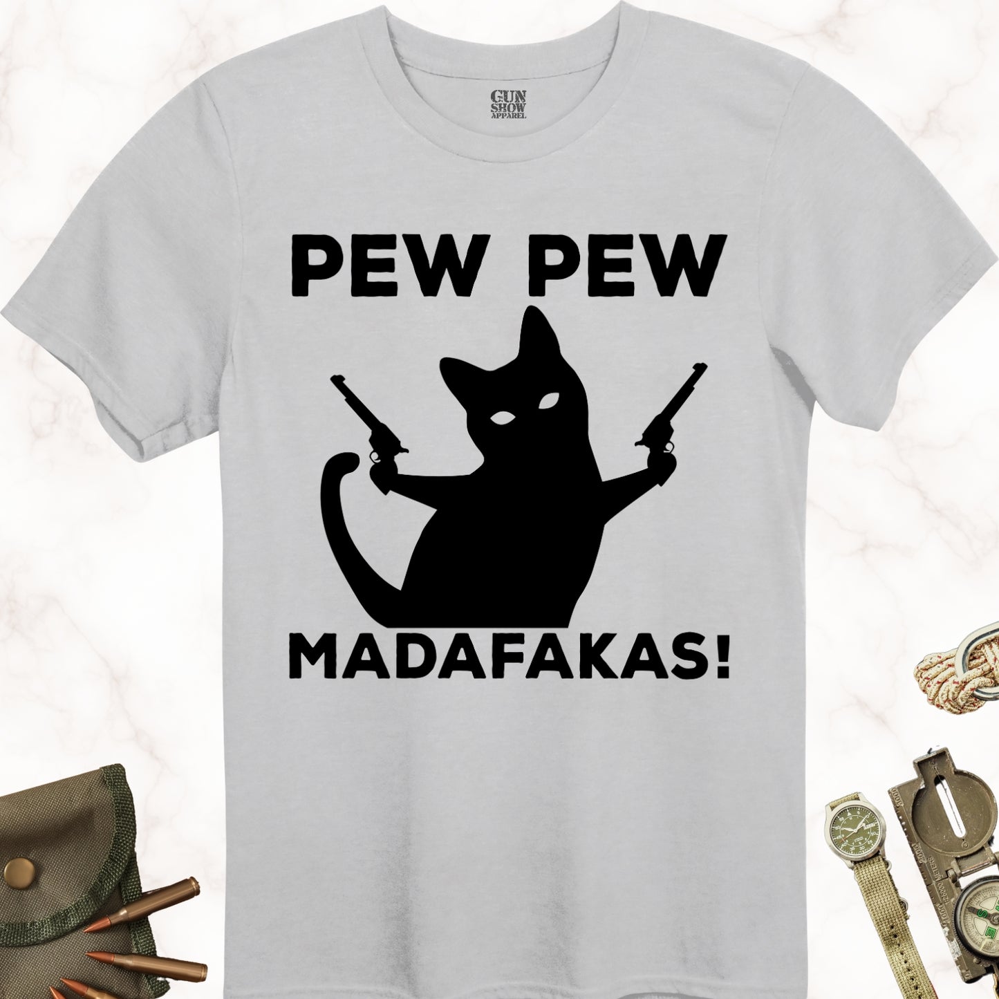 Pew Pew Madafakas Cat T-Shirt in color Ice Grey