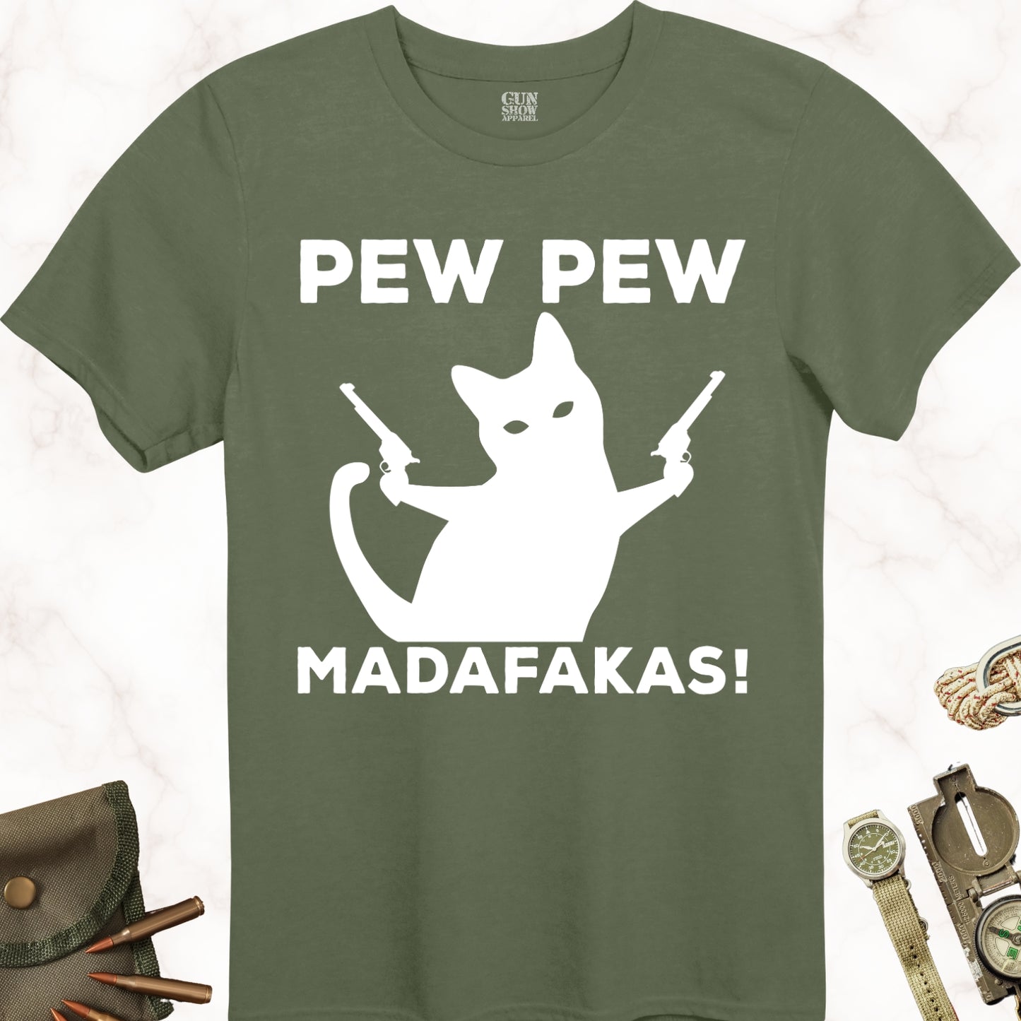 Pew Pew Madafakas Cat T-Shirt in color Military Green