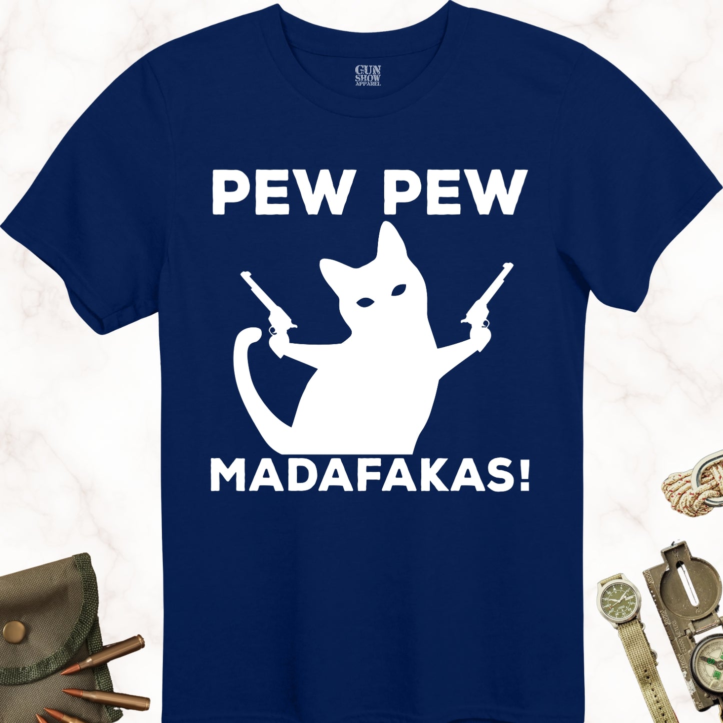 Pew Pew Madafakas Cat T-Shirt in color Navy