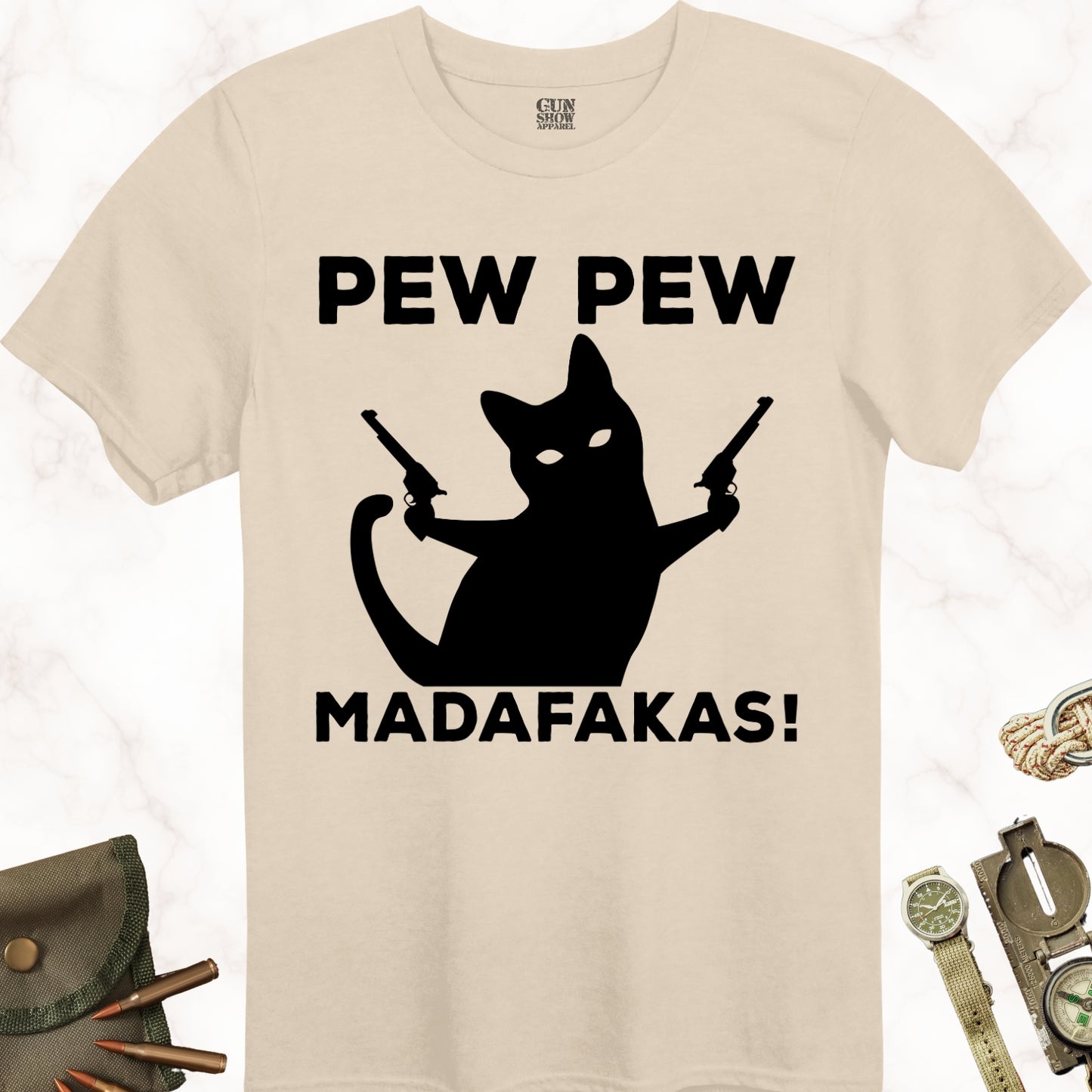 Pew Pew Madafakas Cat T-Shirt in color Sand