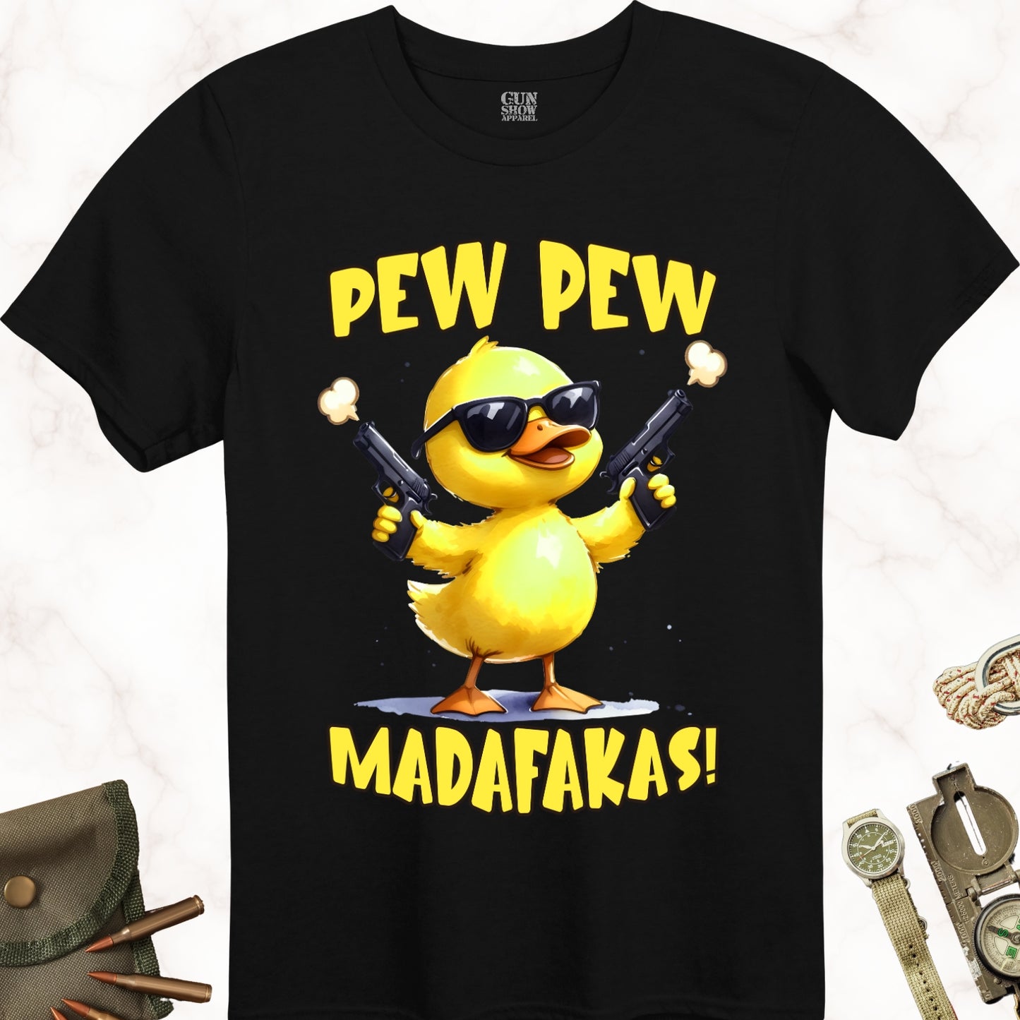 Pew Pew Madafakas Duck wearing sunglasses and holding a gun in each hand t-shirt in color Black