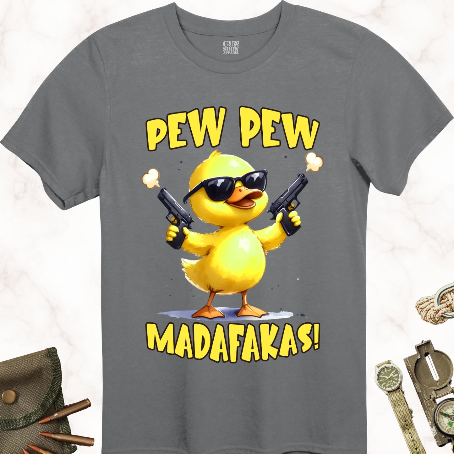 Pew Pew Madafakas Duck wearing sunglasses and holding a gun in each hand t-shirt in color Charcoal