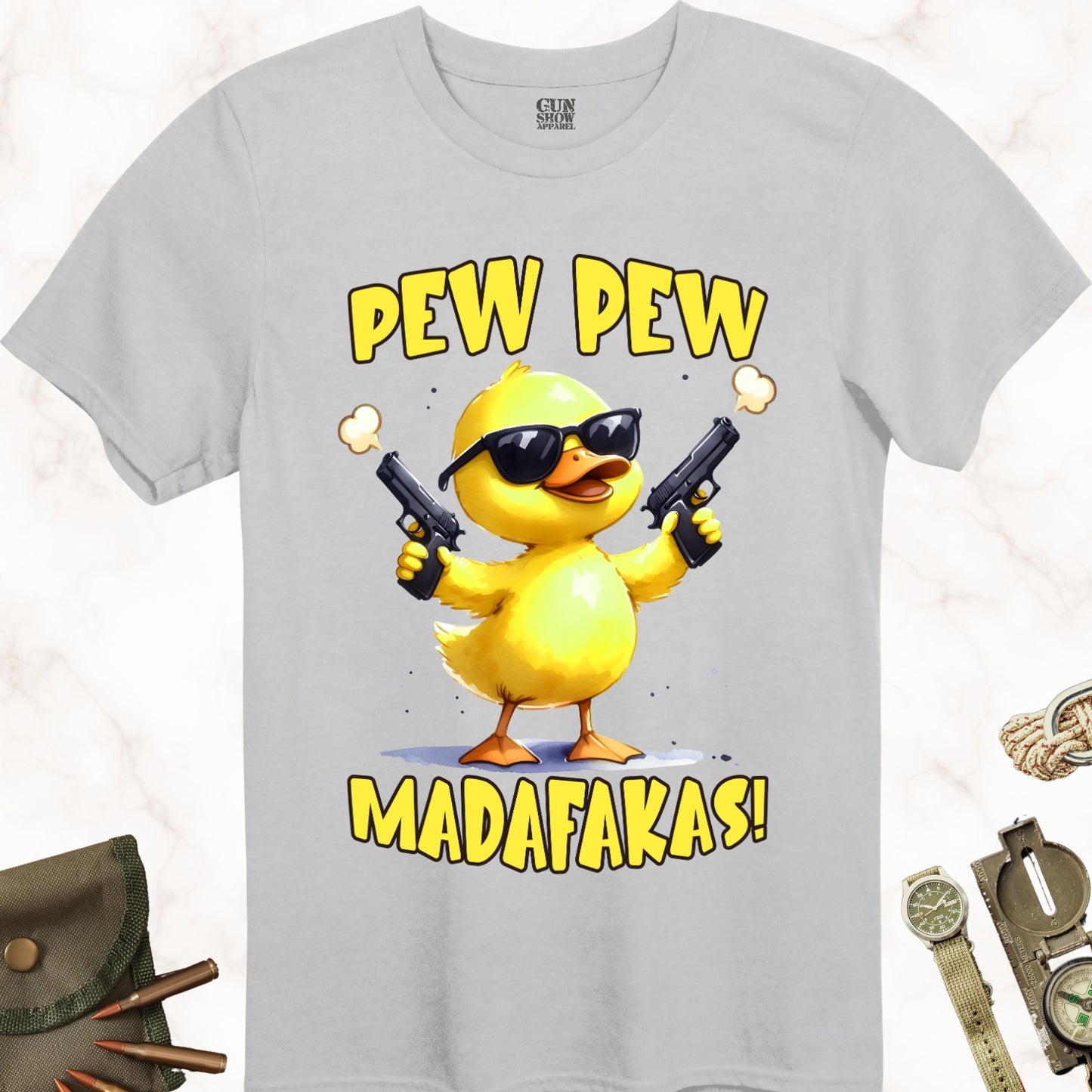 Pew Pew Madafakas Duck wearing sunglasses and holding a gun in each hand t-shirt in color Icy Grey