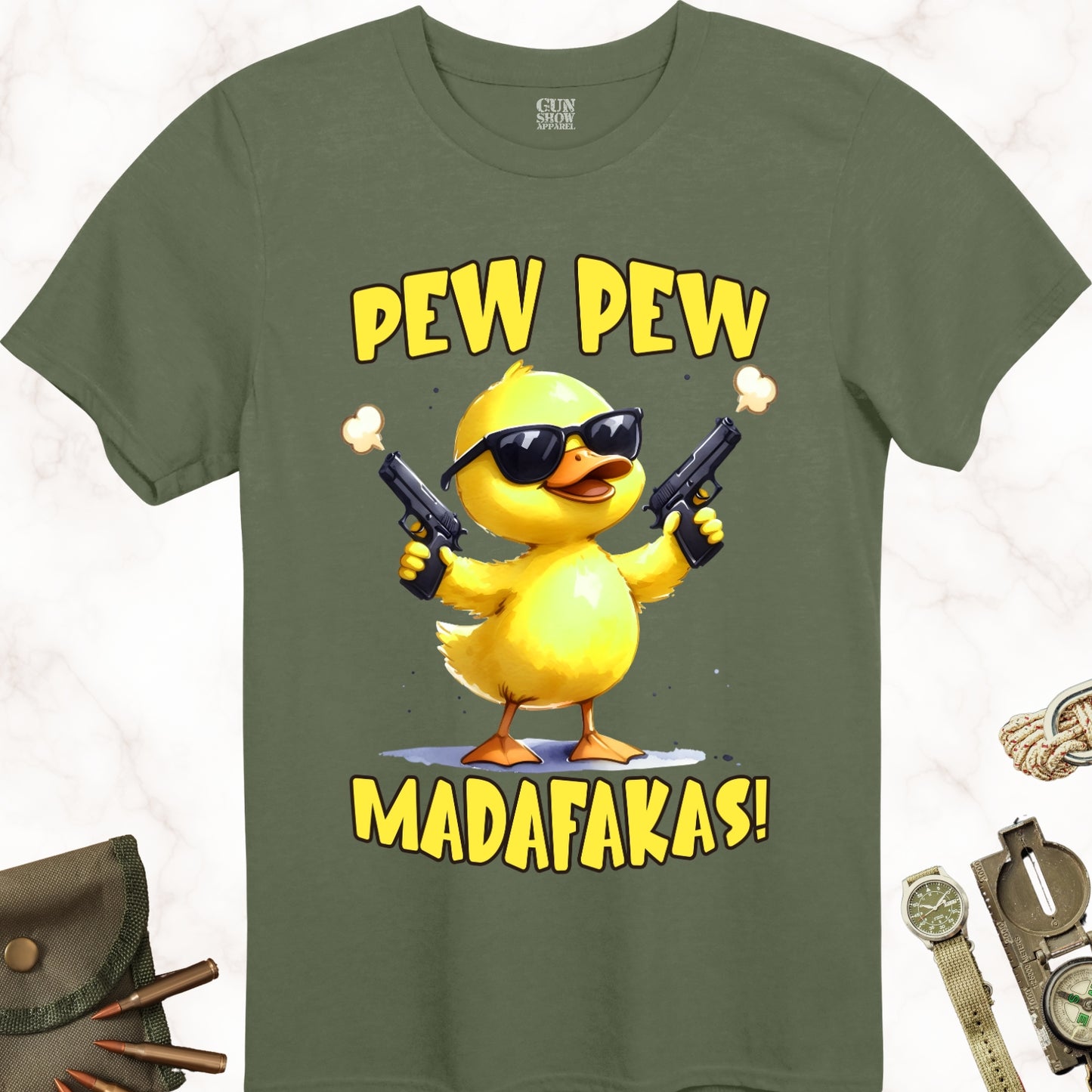 Pew Pew Madafakas Duck wearing sunglasses and holding a gun in each hand t-shirt in color Military Green