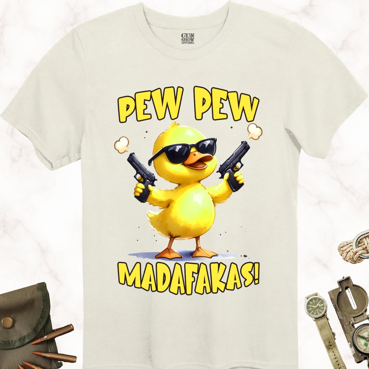 Pew Pew Madafakas Duck wearing sunglasses and holding a gun in each hand t-shirt in color Natural