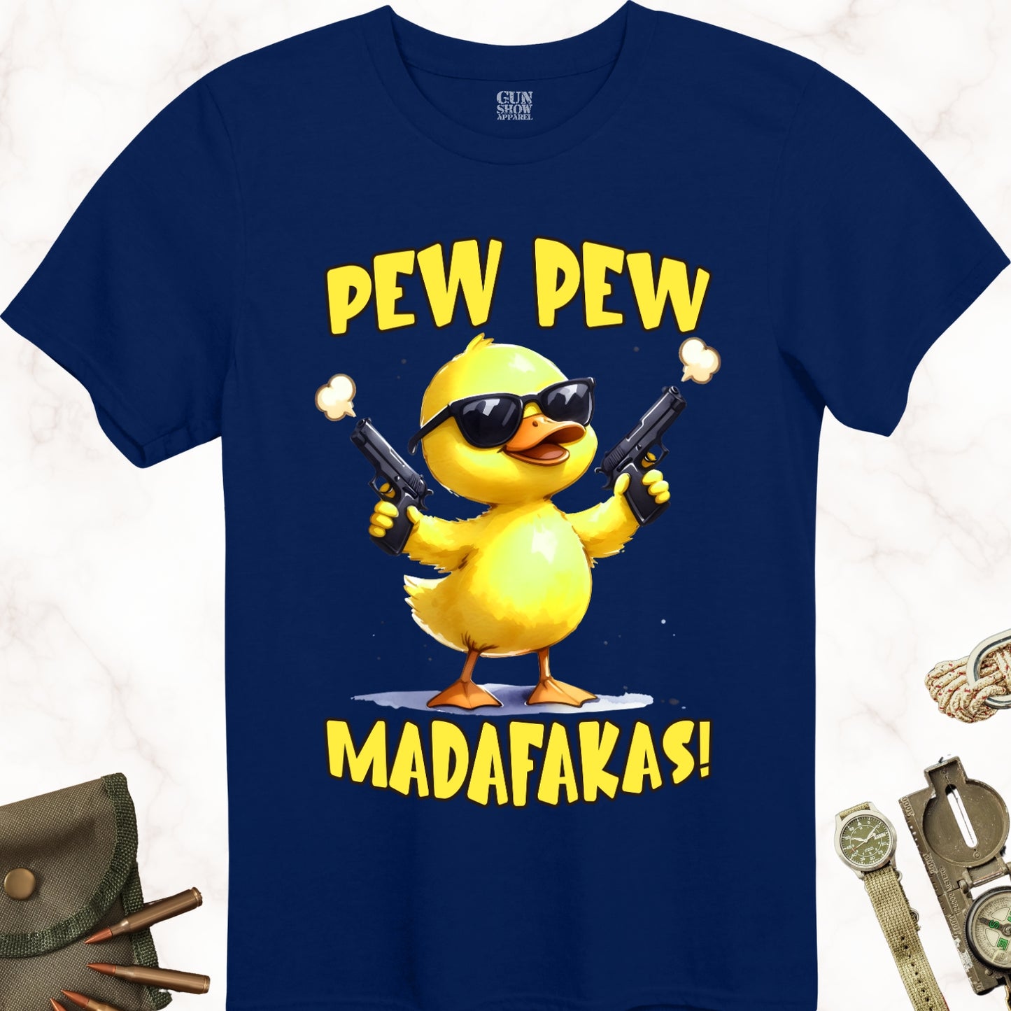 Pew Pew Madafakas Duck wearing sunglasses and holding a gun in each hand t-shirt in color Navy