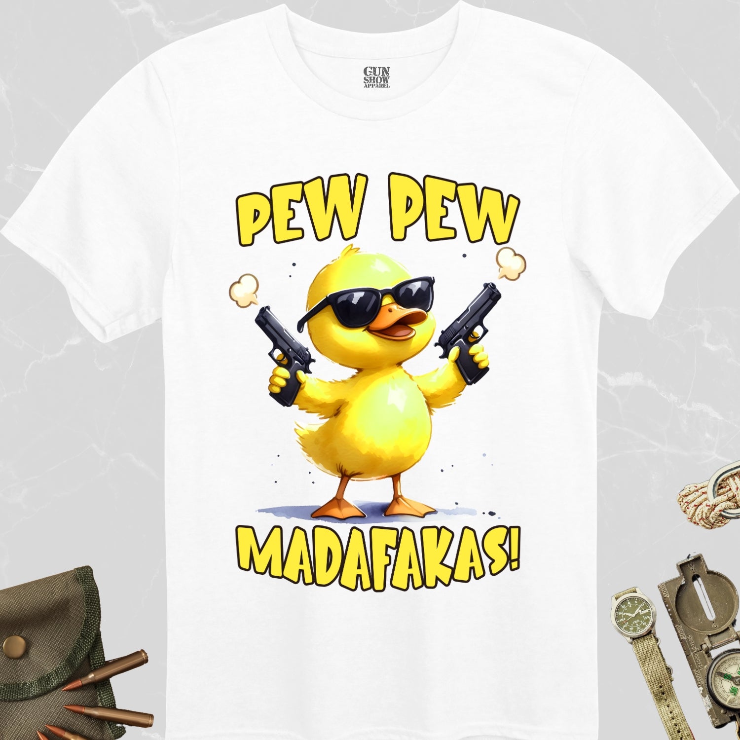 Pew Pew Madafakas Duck wearing sunglasses and holding a gun in each hand t-shirt in color White