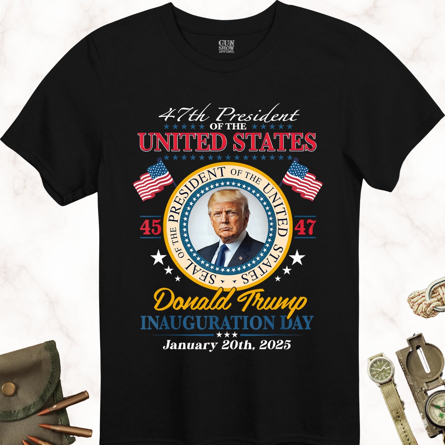 47th President of the United States President Donald Trump Inauguration Day T-Shirt in color Black