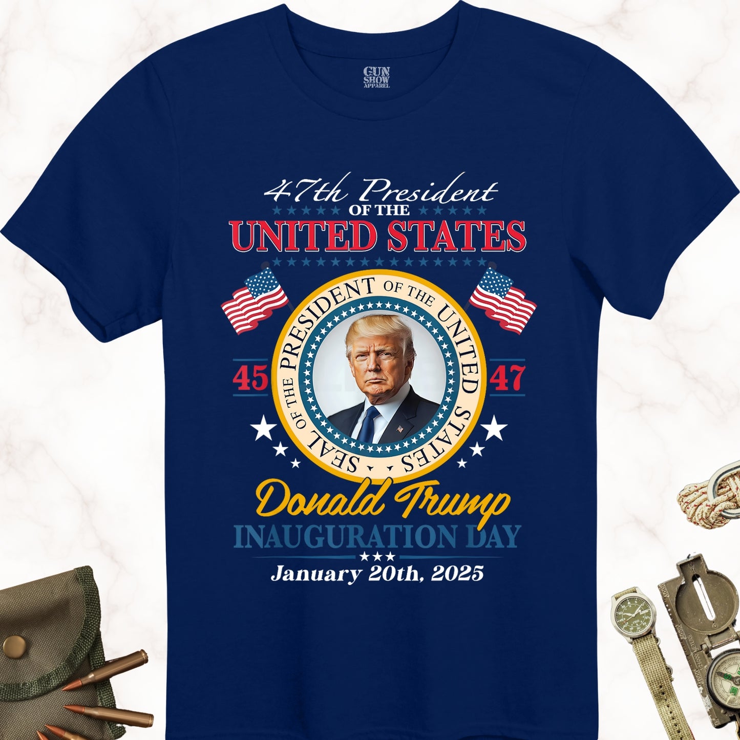 47th President of the United States President Donald Trump Inauguration Day T-Shirt in color Navy