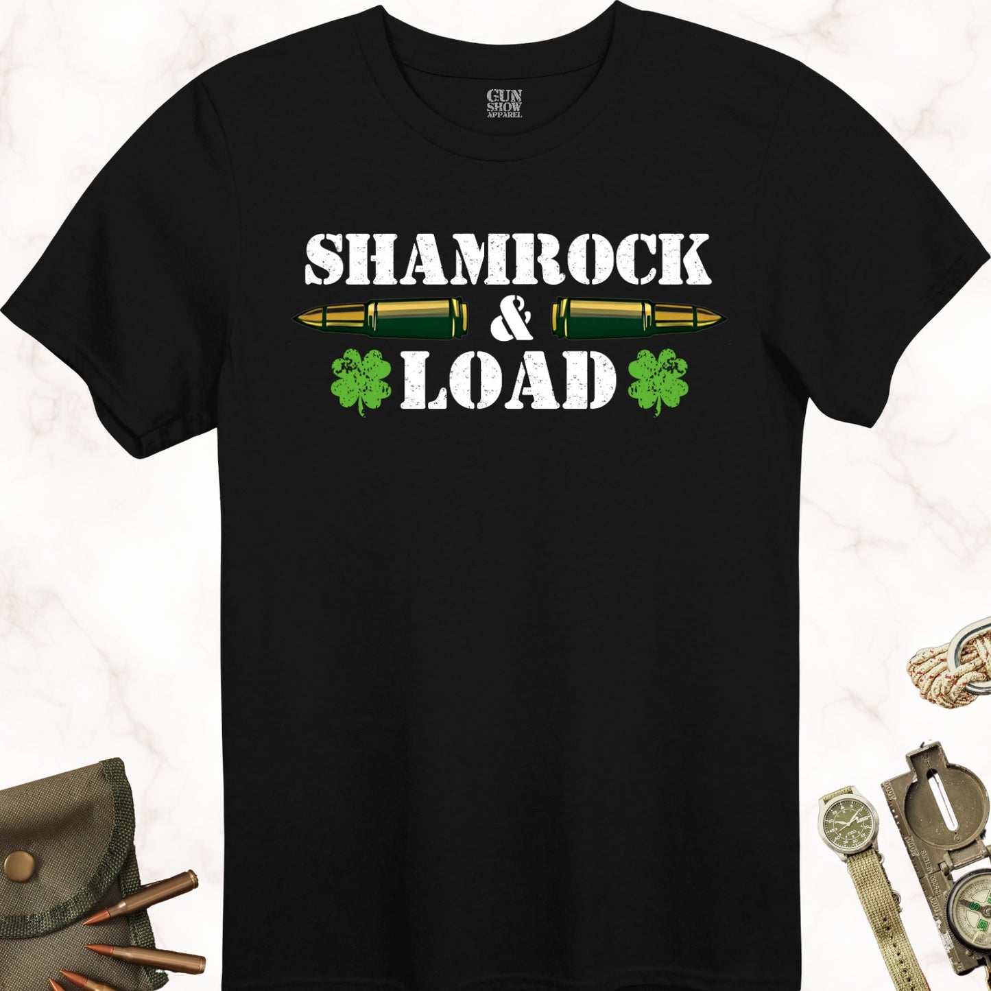 Shamrock and Load Irish Gun St. Patrick's Day T-Shirt in color Black