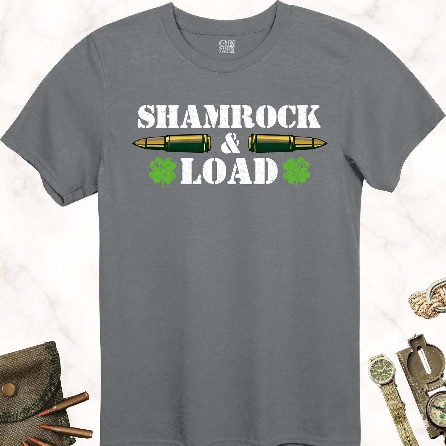 Shamrock and Load Irish Gun St. Patrick's Day T-Shirt in color Charcoal