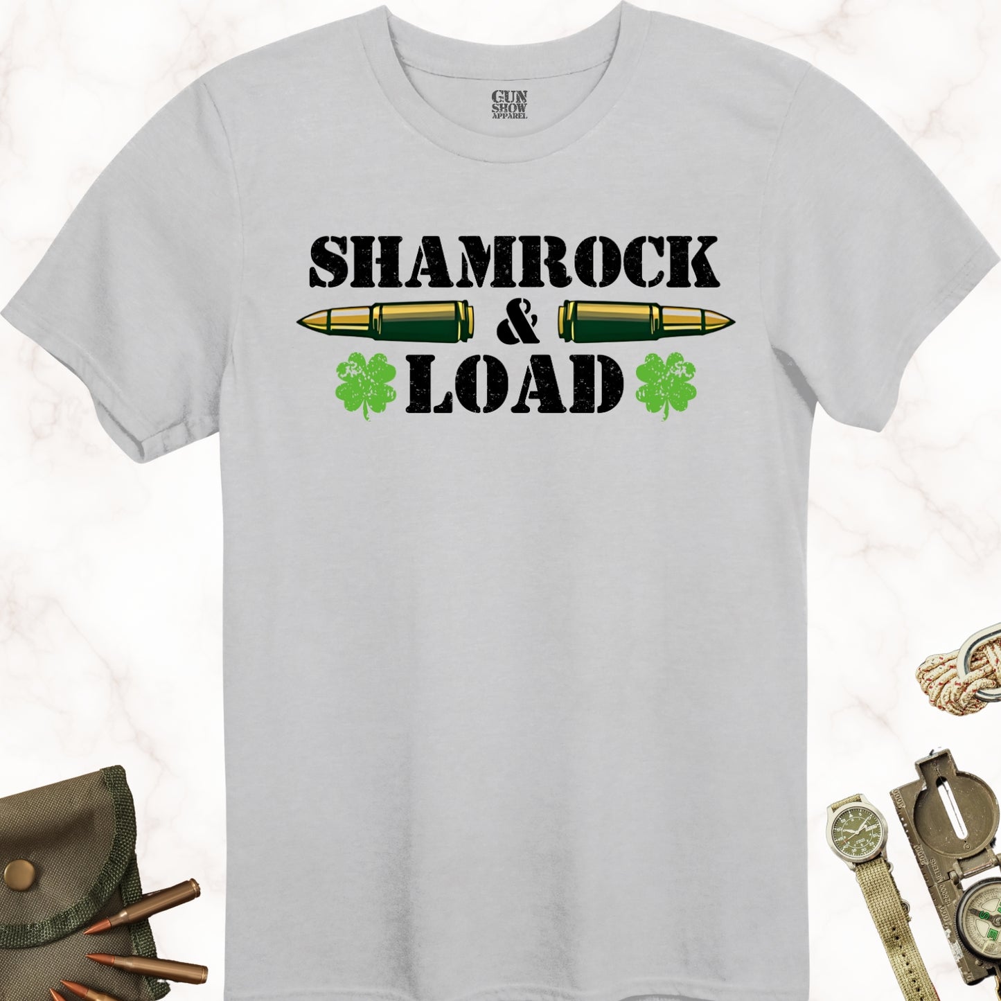 Shamrock and Load Irish Gun St. Patrick's Day T-Shirt in color Ice Grey