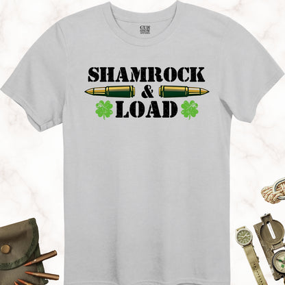 Shamrock and Load Irish Gun St. Patrick's Day T-Shirt in color Ice Grey