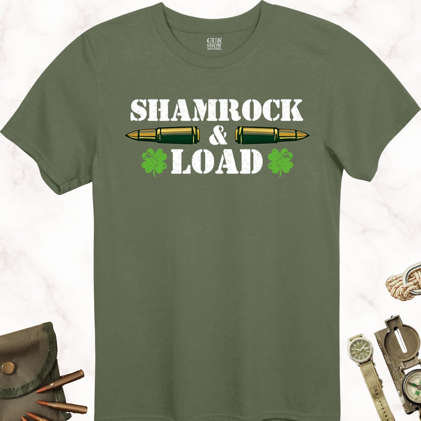 Shamrock and Load Irish Gun St. Patrick's Day T-Shirt in color Military Green