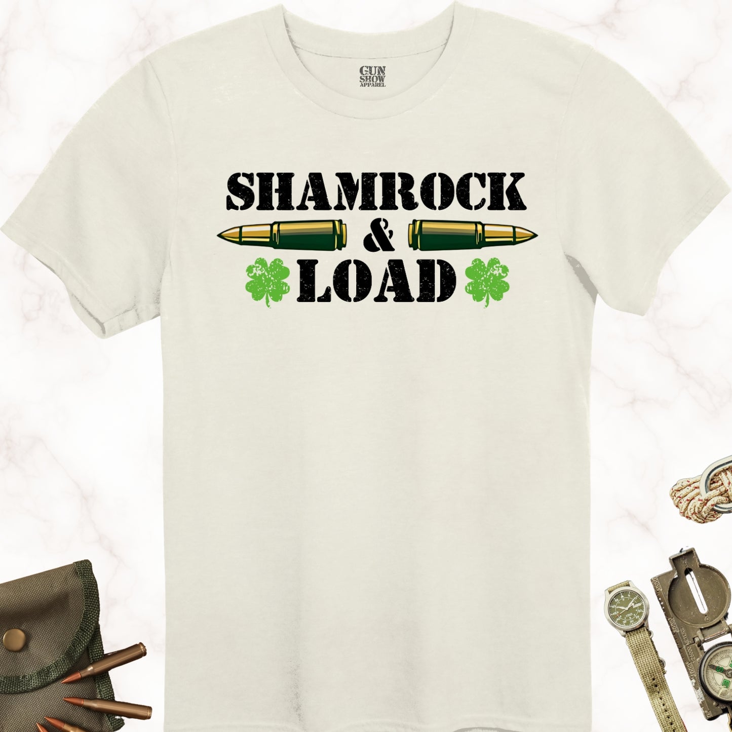 Shamrock and Load Irish Gun St. Patrick's Day T-Shirt in color Natural