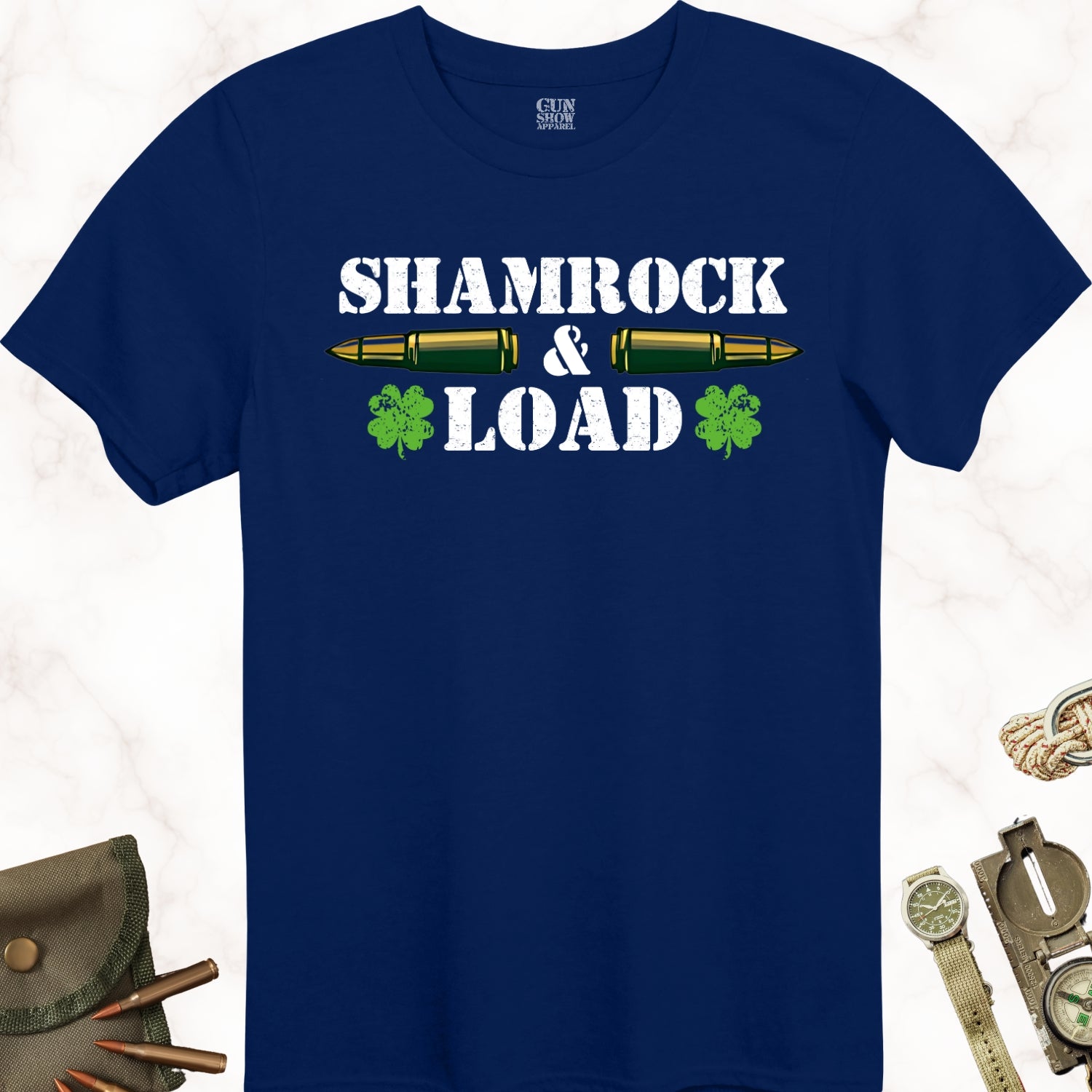 Shamrock and Load Irish Gun St. Patrick's Day T-Shirt in color Navy