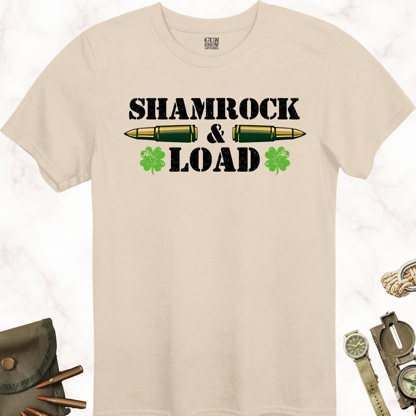 Shamrock and Load Irish Gun St. Patrick's Day T-Shirt in color Sand