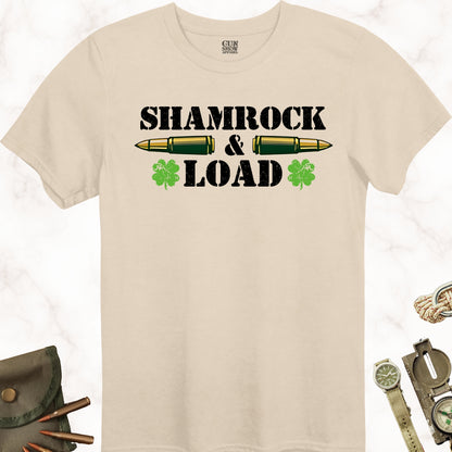 Shamrock and Load Irish Gun St. Patrick's Day T-Shirt in color Sand