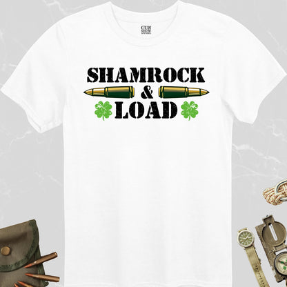 Shamrock and Load Irish Gun St. Patrick's Day T-Shirt in color White