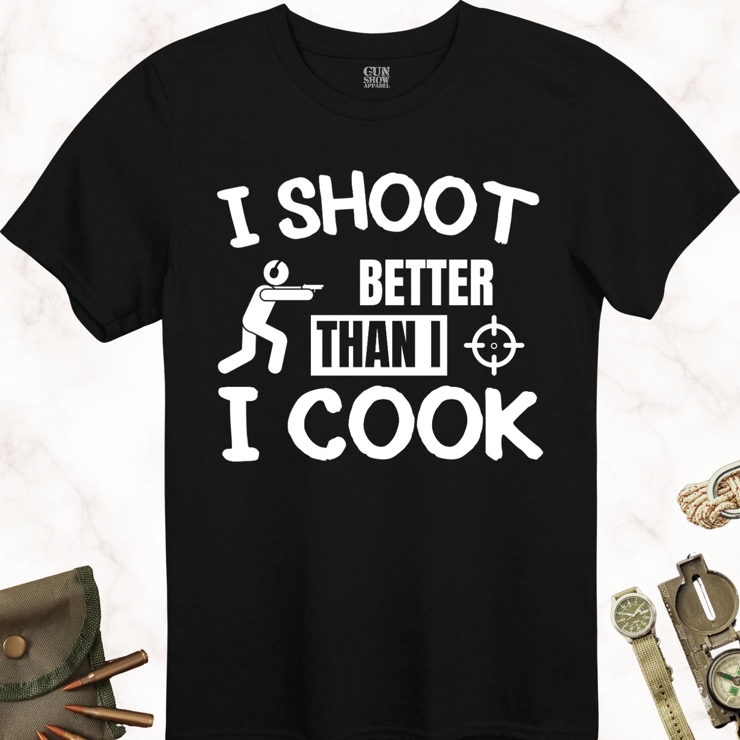 I Shoot Better Than I Cook Men's T-Shirt for Shooters in color Black