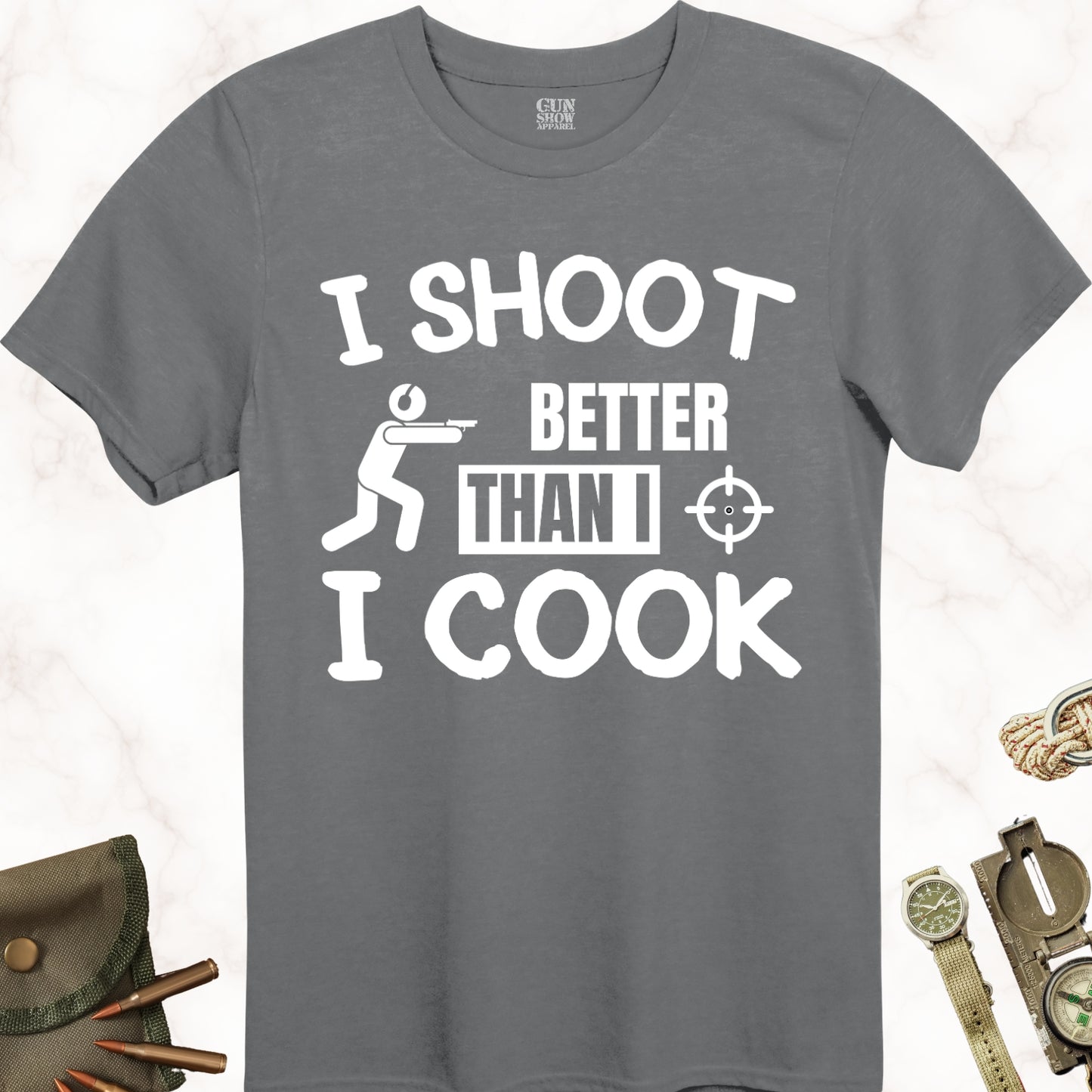 I Shoot Better Than I Cook Men's T-Shirt for Shooters in color Charcoal