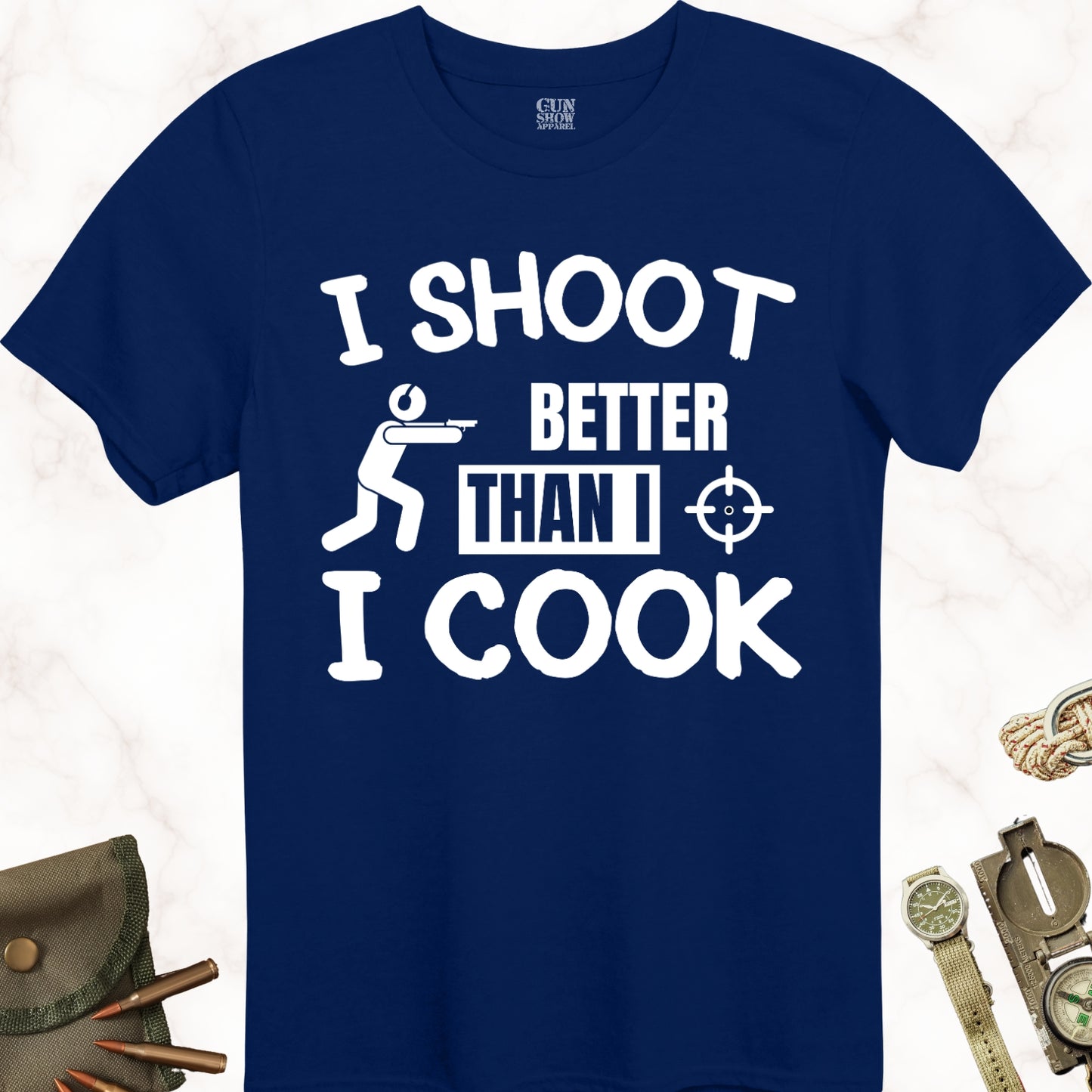 I Shoot Better Than I Cook Men's T-Shirt for Shooters in color Navy