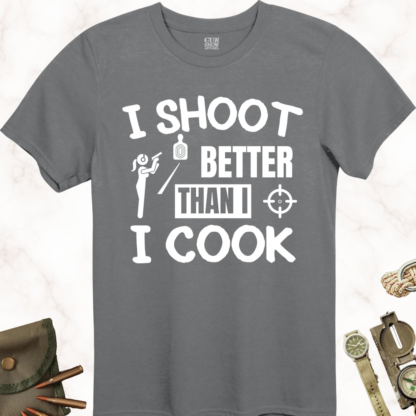 I Shoot Better Than I Cook T-Shirt for Women in color Charcoal